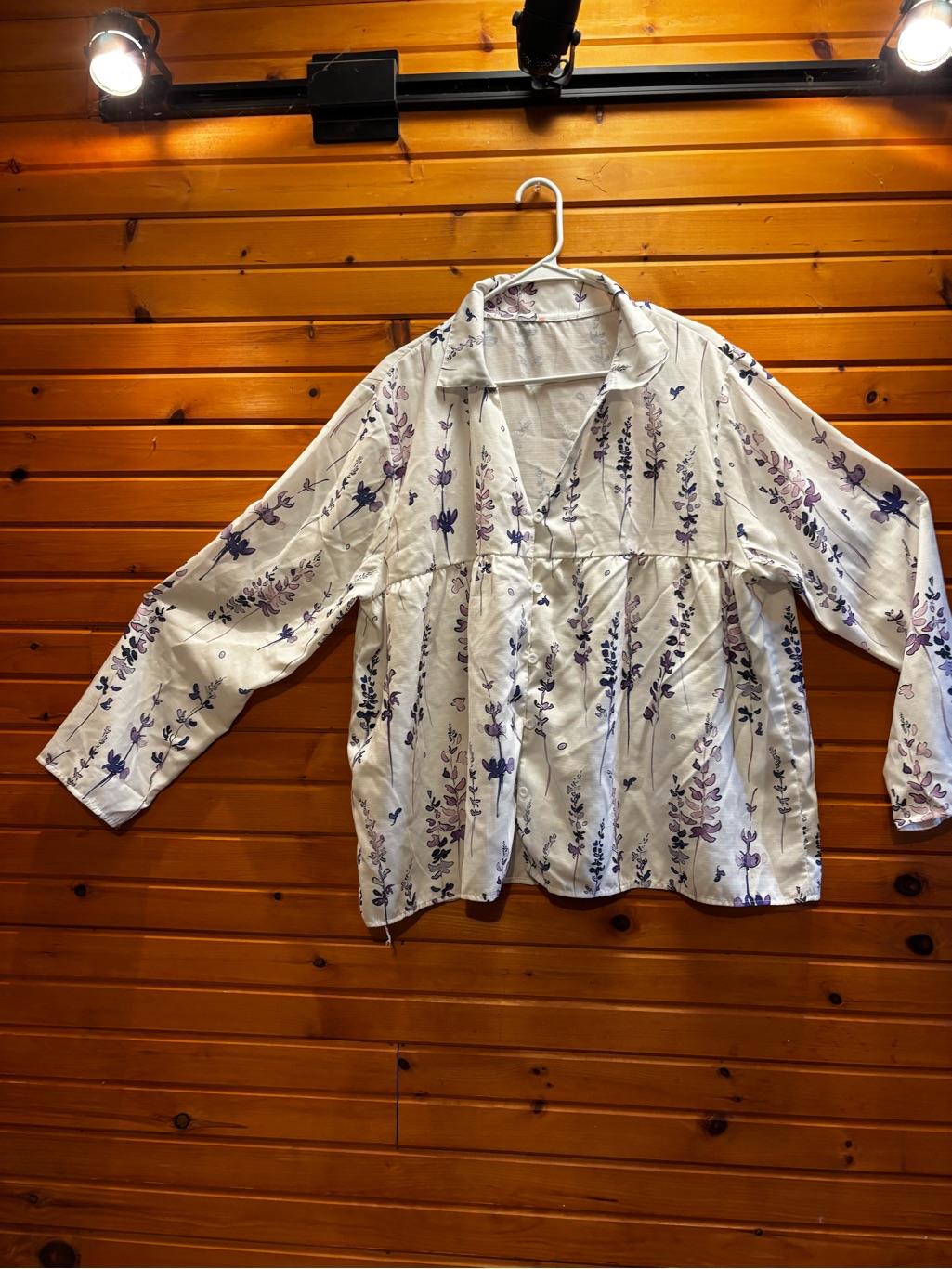 Relaxed White Blouse With Purple Floral Print